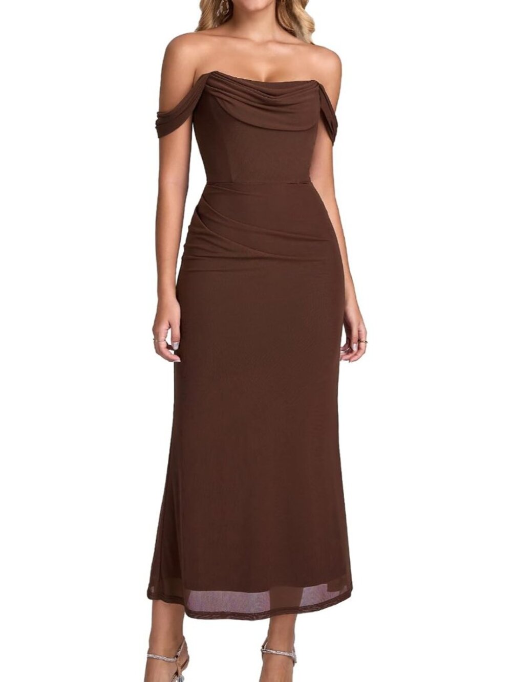 Women's Brown Off The Shoulder Bodycon Corset Formal Wedding Guest Maxi Dresses